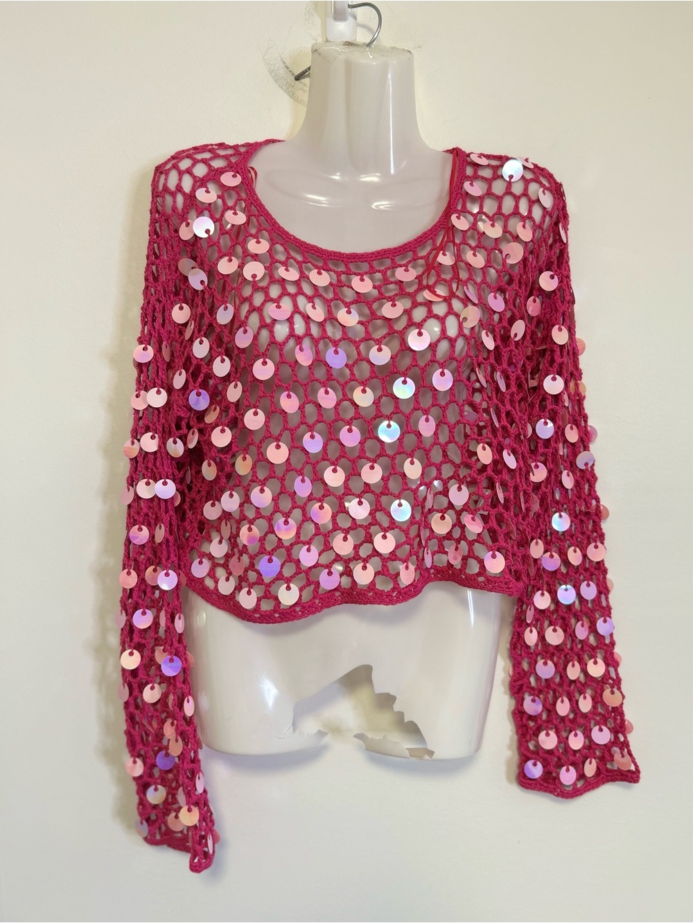 3/$25 Debut Crochet Sequin Detailed Long Sleeve Crop Top
